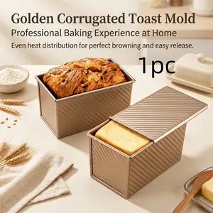Golden Corrugated Toast Mold with Lid, Non-Stick Bread Loaf Pan with Even Heat Distribution & Easy Release, Durable Baking Tin for Homemade Toast, Sandwich Bread & Kitchen Baking