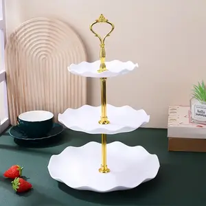 Elegant 3 Tier Plastic Cake Stand with Handle, Wavy Edge Design for Wedding, Birthday and Party Desserts, Durable Non-Electric Display for Cake Decoration