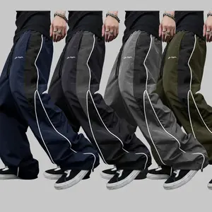 Men's 4 Pack Lightweight Parachute , Elastic Waist Drawstring Color Block Wide Leg Joggers, Breathable Loose Fit  Trousers with Side Piping Detail, Daily Wear Streetwear , Plus Size Mens Cargo