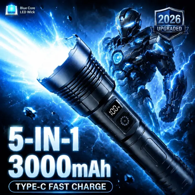 Excess rechargeable flashlight, high lumen flashlight, men's gift, 5-speed flashlight, flashlight with blue and white light mixture, survival tool, equipped with blue light wick