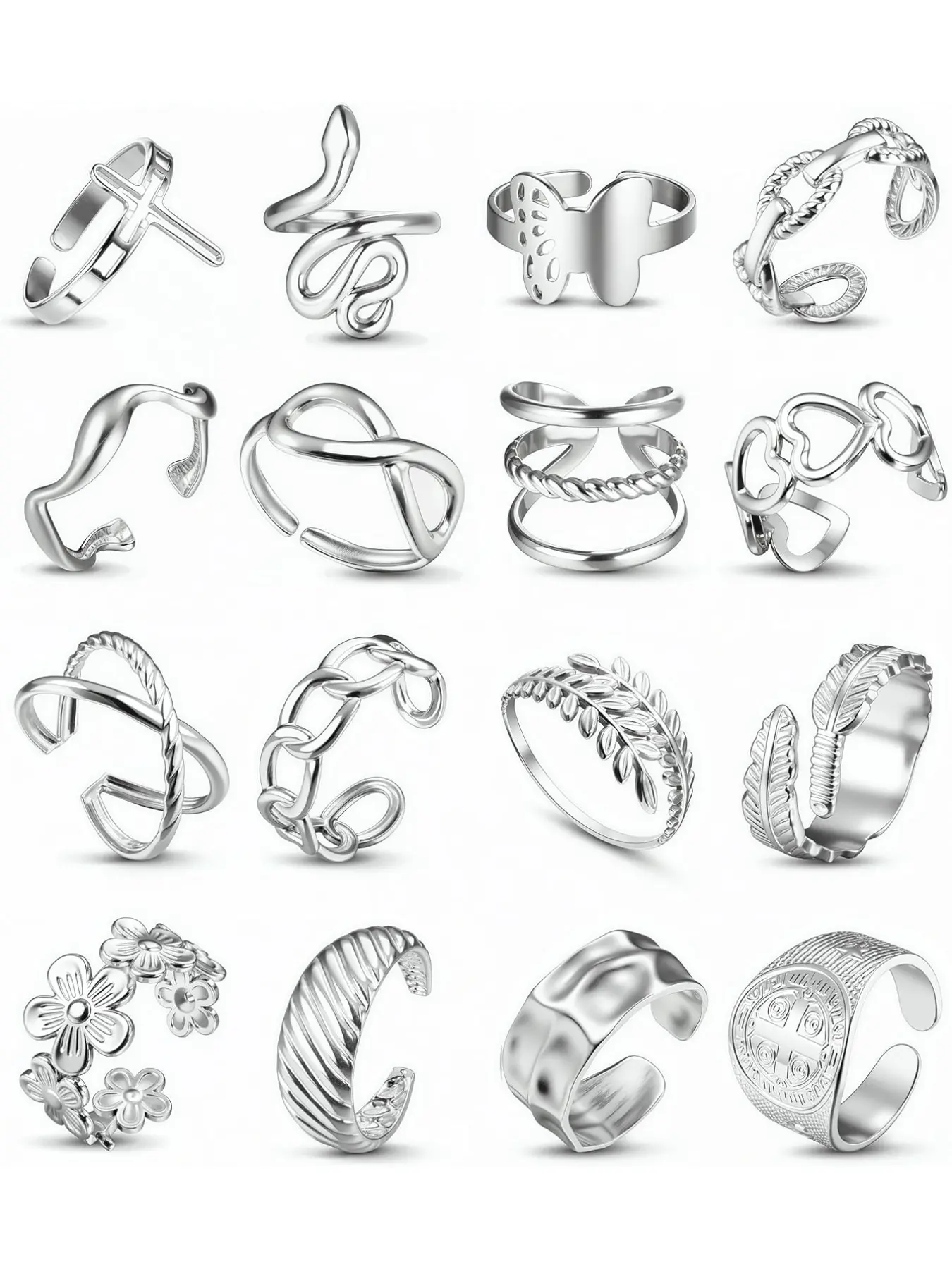 16pcs Stainless Steel Rings for Women, Fashion Stackable Rings, Dainty Stacking Rings Chunky Silver Color Non-Tarnish Stackable Design, Adjustable Open Thumb & Finger Jewelry Set, Adjustable Trendy Rings
