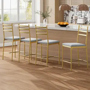 Garvee - Set of 4 Synthetic Leather Bar Stools with Backrest, Thick Cushion, Upholstered Stool with Footrest for Kitchen Island, Counter Bar, Gold