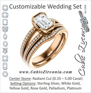 CZ Wedding Set, featuring The Monami engagement ring (Customizable Bezel Radiant Cut with Split-pavé Band Accents & Euro Shank)