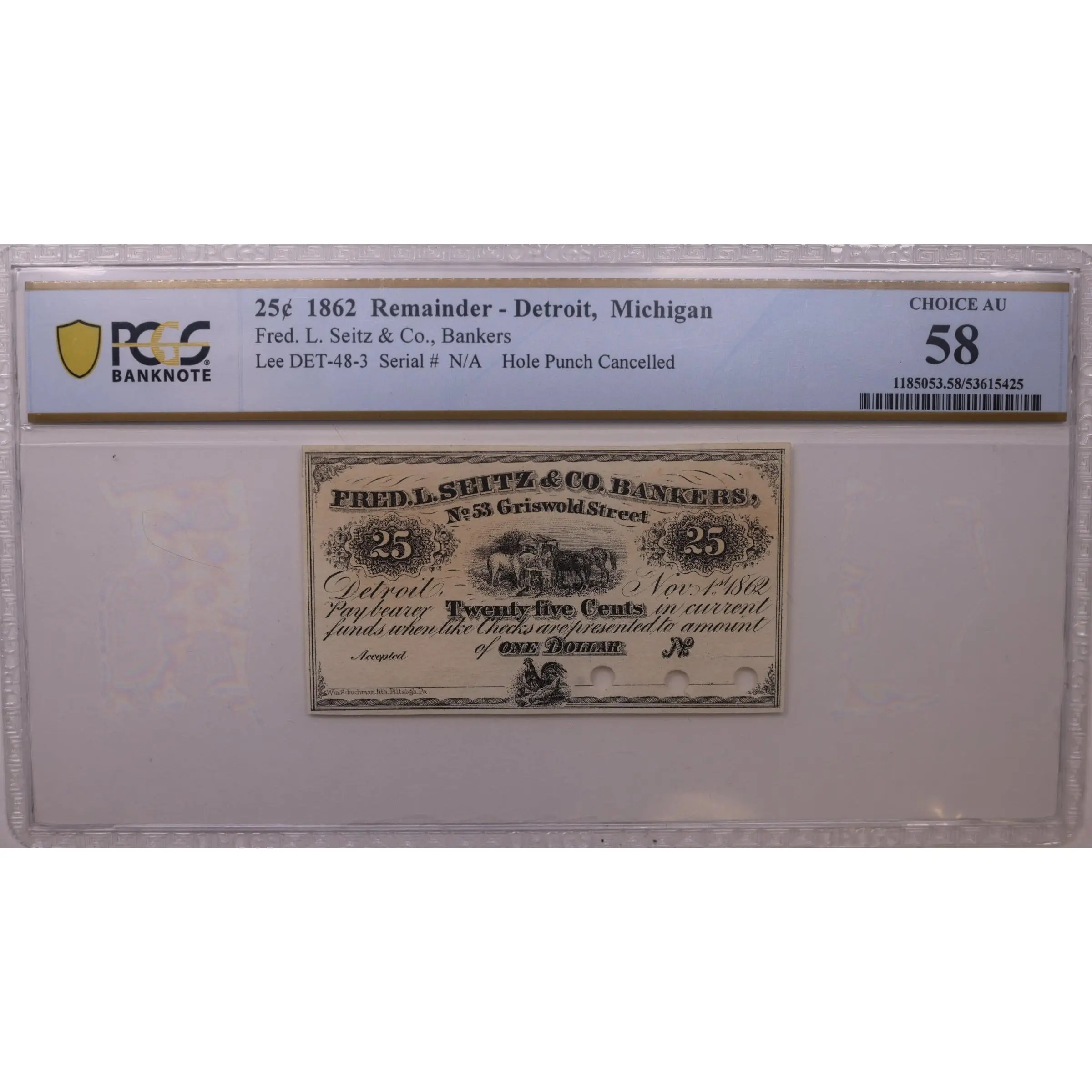 1862 25C Remainder-Detroit, MI, Lee DET-48-3, PCGS Choice AU-58, STORE #GMI160