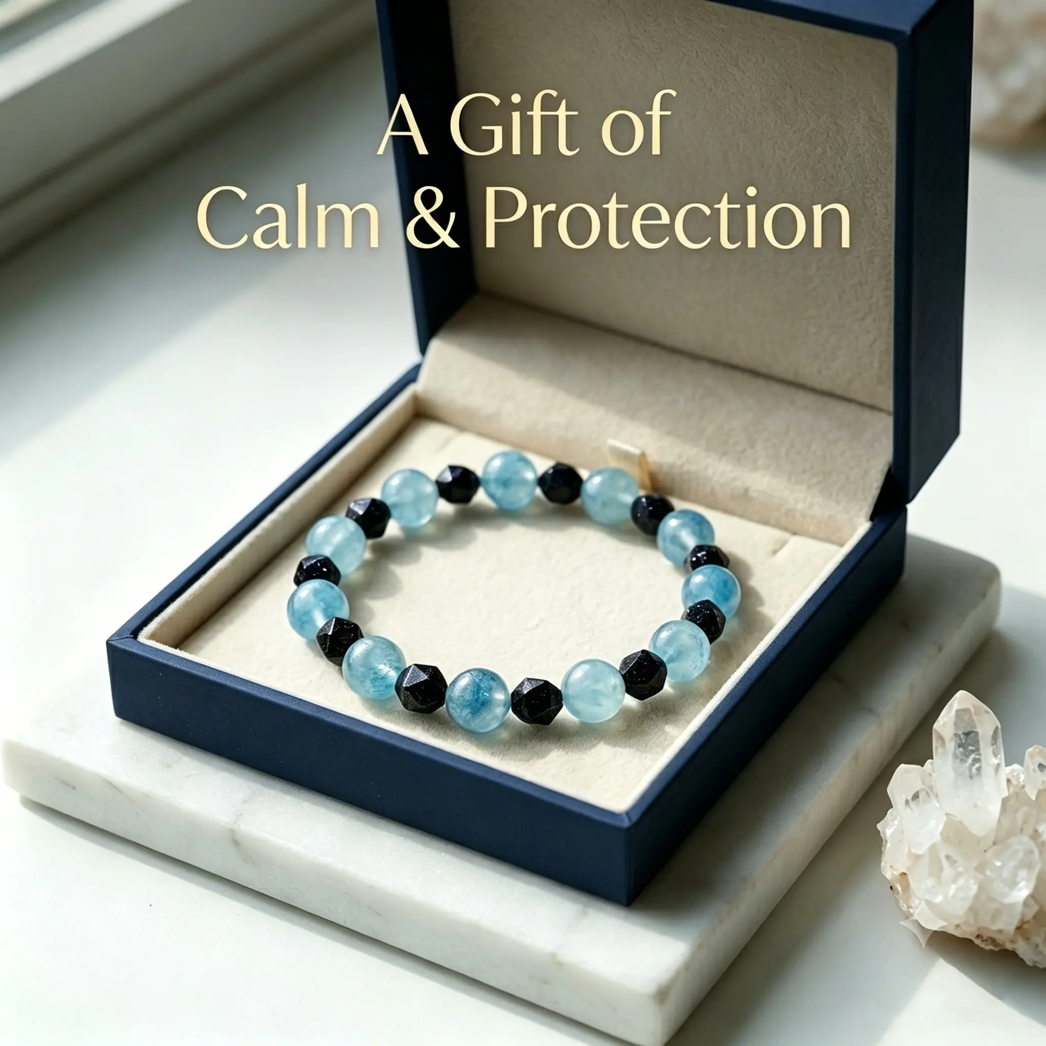 Natural Aquamarine & Blue Sandstone Healing Crystal Bracelet, Calming Protective Energy Beaded Bracelet for Men Women, March Birthstone Jewelry to Purify Negative Thoughts, Ideal Summer & Fourth of July Gift