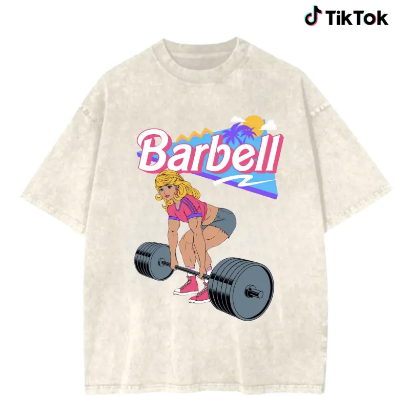 Retro Barbell Graphic Gym Tee, 80s Style Workout Shirt for Women Casual Gift Top Womenswear