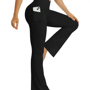 Women’s Flare Leggings with Pockets – Crossover High Waisted Bootcut Yoga Pants