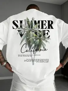 California Summer Palm Tree Tropical Loose T-Shirt, Lightweight Cotton Back Print Top, Perfect for Beachwear, Casual Daily and Streetwear