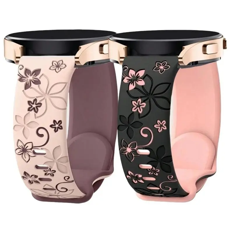 2-Pack 20mm Floral Engraved Silicone Bands for Galaxy Watch – Boho Flower Straps Women, Soft Replacement Strap
