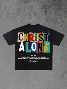 Men's Letter & Patchwork Print Round Neck Tee, Loose Casual Short Sleeve T-shirt for Summer, Men's Top for Daily Wear, Tropical