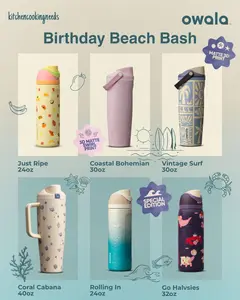 Owala Birthday Beach Bash Bottles – Viral Summer FreeSip Collection Featuring Coastal, Ocean Wave & Tropical Fruit Vibes