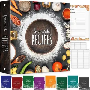Recipe Binder Organizer, 11.2" X 11.8" X 2" 3-Ring Binder with 30 Clear Protectors, 30 Double-Sided Printed Recipe Pages, 8 Dividers, and 24 Tab Stickers, Packed in Brown Corrugated Box, Recipe Book