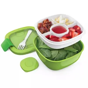 Salad Stackable Lunch Container with Large 54oz Bowl, 4-Compartment Tray & Built-In Fork Color Green