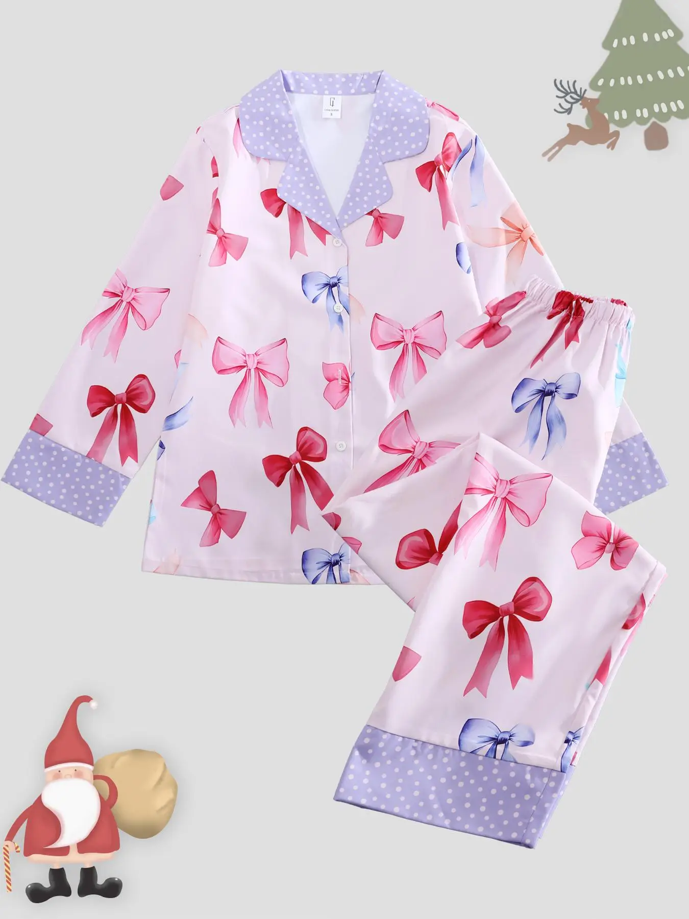 Women's All Over Cartoon Print Loungewear Set, Fashion Lapel Collar Button Front Blouse & Elastic Waist PJ Pants, Women's Sleepwear for Fall, Valentin