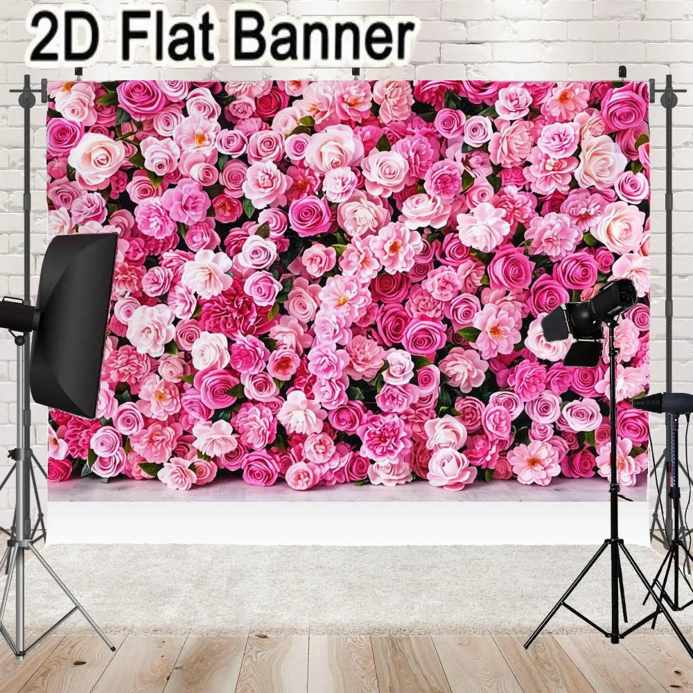 2D flat banner, 1pcVibrant Pink Floral Wall Backdrop with Roses & Peonies - Romantic Event Decor, Party Decorations Banners, Party Photo Booth Background
