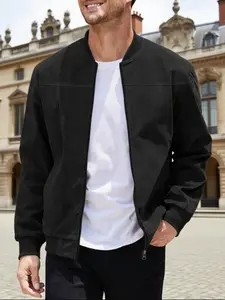 Men's solid color suede jacket, autumn regular fit casual coat, simple versatile comfortable soft daily home, outdoor leisure outfit, baseball collar jacket, men' coat, men's jacket, men's clothing.