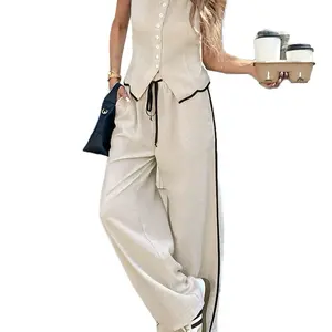 Casual Button-Up Tank and Wide-Leg Pants Set two-piece, women's Suits, Clothes Womenswear Adjustable Drawstring Pieces Top Sleeveless Minimalist