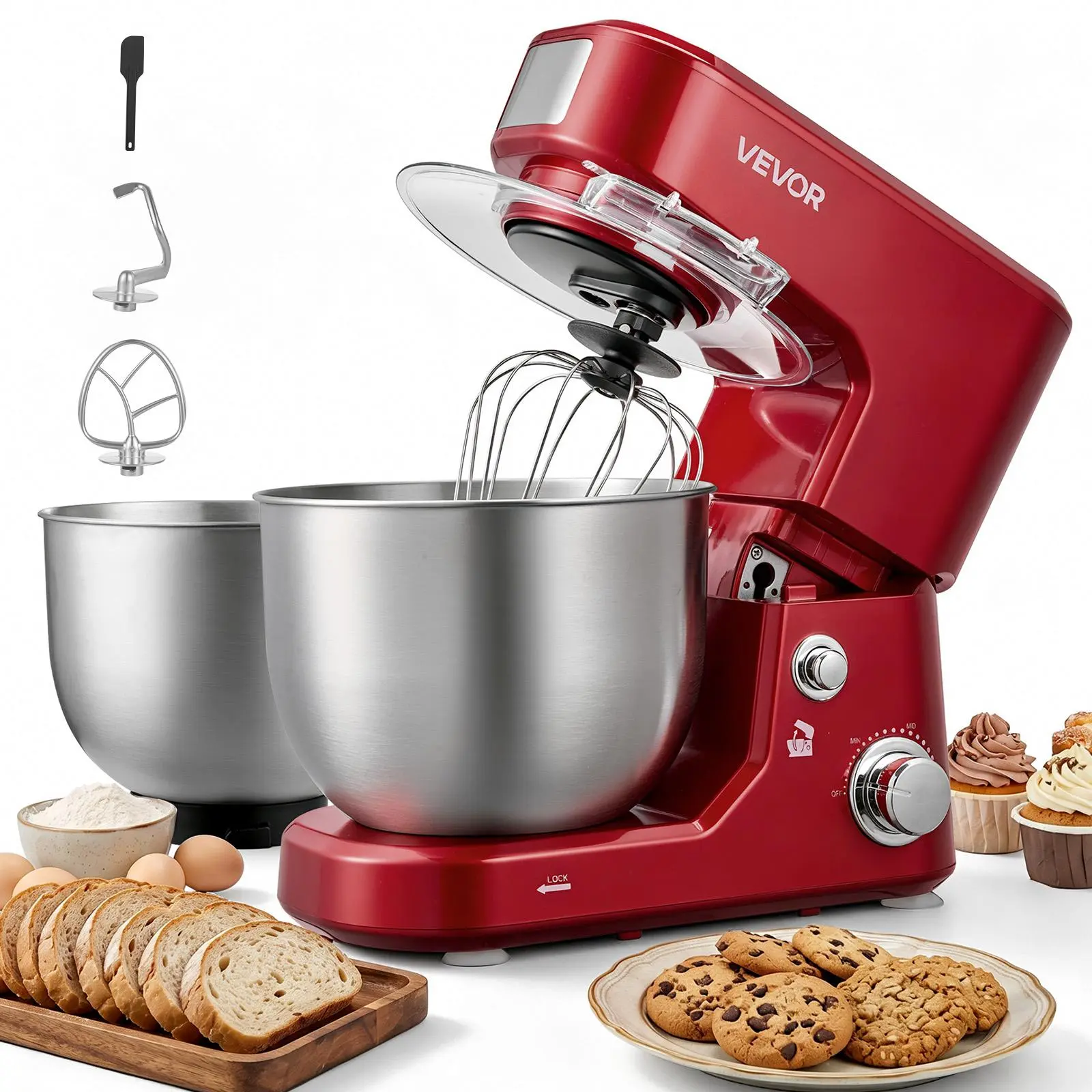VEVOR 5.3+4.2 Qt Tilt Head Stand Mixer 400W Electric Dough Mixer, 3 Speeds Food Kitchen Mixer with Stainless Steel Bowl, Splash Guard, Dough Hook, Whisk, Beater, for Baking Mixing Whipping