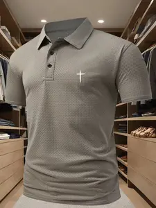 Men's Summer Buttoned Polo Shirt, Cross Pattern Print, Comfortable Fabric, Casual Fitted Design, Perfect for Daily Wear, Stylish Leisure Shirt