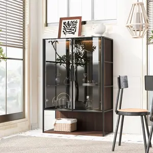 [Bellemave]51.2'' Freestanding Lighted Display Cabinet with Glass Door, Pantry Cabinet with Metal Frame & Storage, Curio Cabinet with 4-Tier Adjustable Glass Shelves, for Livingroom, Kitchen & Office - Brown[Bellemave]