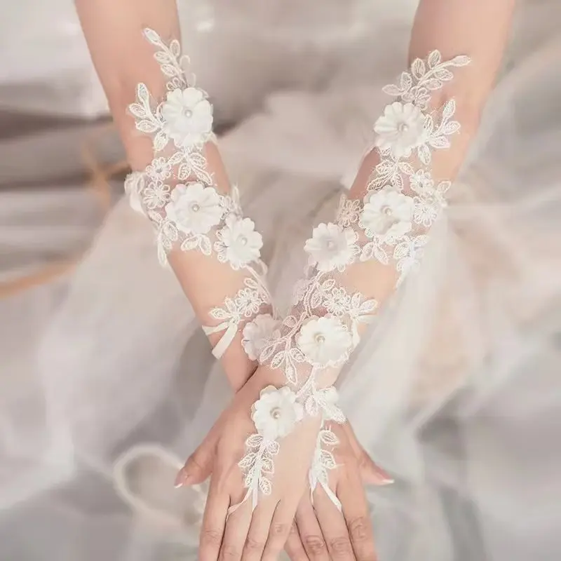 Bride's wedding gloves for weddings, proposal parties, and photo shoots, ultra-fairy hand flowers, wedding floral lace long and short gloves