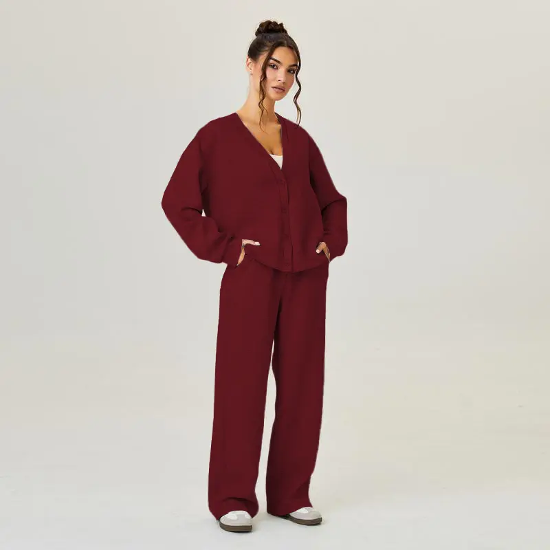 USBOUTIQUE CHIC Women's Slouchy Solid Color V Neck Long Sleeve Button Cardigan & Drawstring Waist Trousers Co-ord, Soft Two Piece Outfits for Fall & Winter