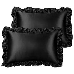 PiccoCasa Ruffled Pillow Shams Set of 2, Retro Silky Pillow Cover with Ruffle, 85 GSM Satin PillowCases with Envelope Closure Queen Black