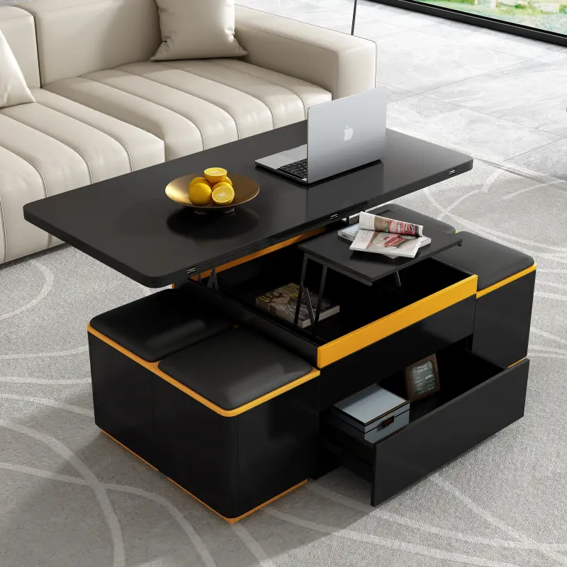 U-Can Lift-Top Coffee Table with 4 Storage Stools Modern Space-Saving Center Table Foldable Top Multi-Functional Adjustable for Living Room High-Gloss Finish White Gold-Edged