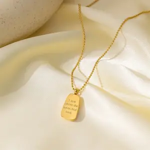 Fashion Jewelry Women Necklace Gold Plated Irregular Rectangle Engraved Letter Pendant Beaded Chain Necklace
