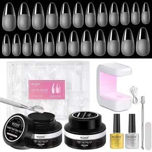 Gel Nail Kit, Solid Nail Glue Gels with 240Pcs Almond Medium Nails Tips Soft Gel Half Matte, Portable U V LED Nails Lamp Gels Extension Kit for Salon Art Home DIY Manicure