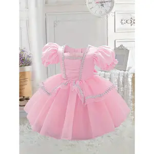 New Arrival - Cute Pink Puffy Sleeve Princess Dress for Little Girls, Ideal for Halloween and Parties, All-Season Dress with Square Neck and Ribbon Detail, Party Dress |   Playful Design |   Decorative Buttons, Halloween
