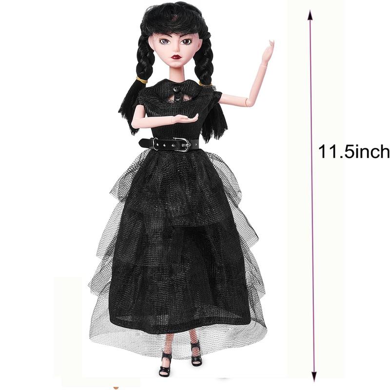 11.5 inch Wednesday Doll, Soft Body, Black Hair, Black Heels, Dress & Accessories