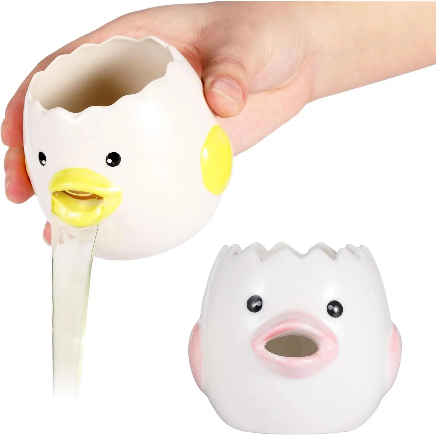 2 Pack Cute Egg Separator, Ceramics Vomiting Chicken Egg Yolk Egg White Separator, Little Chick Small Egg Filter Splitter,Dishwasher Safe (Yellow & Pink)