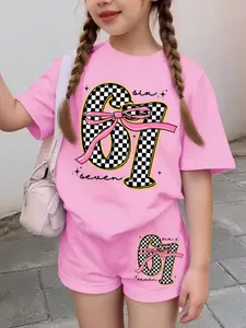 Girls' Bowknot and Number 67 Print Fashion Sweet Sports Style Set, Summer Trendy T-Shirt Shorts Set, Casual Fitted All over Print