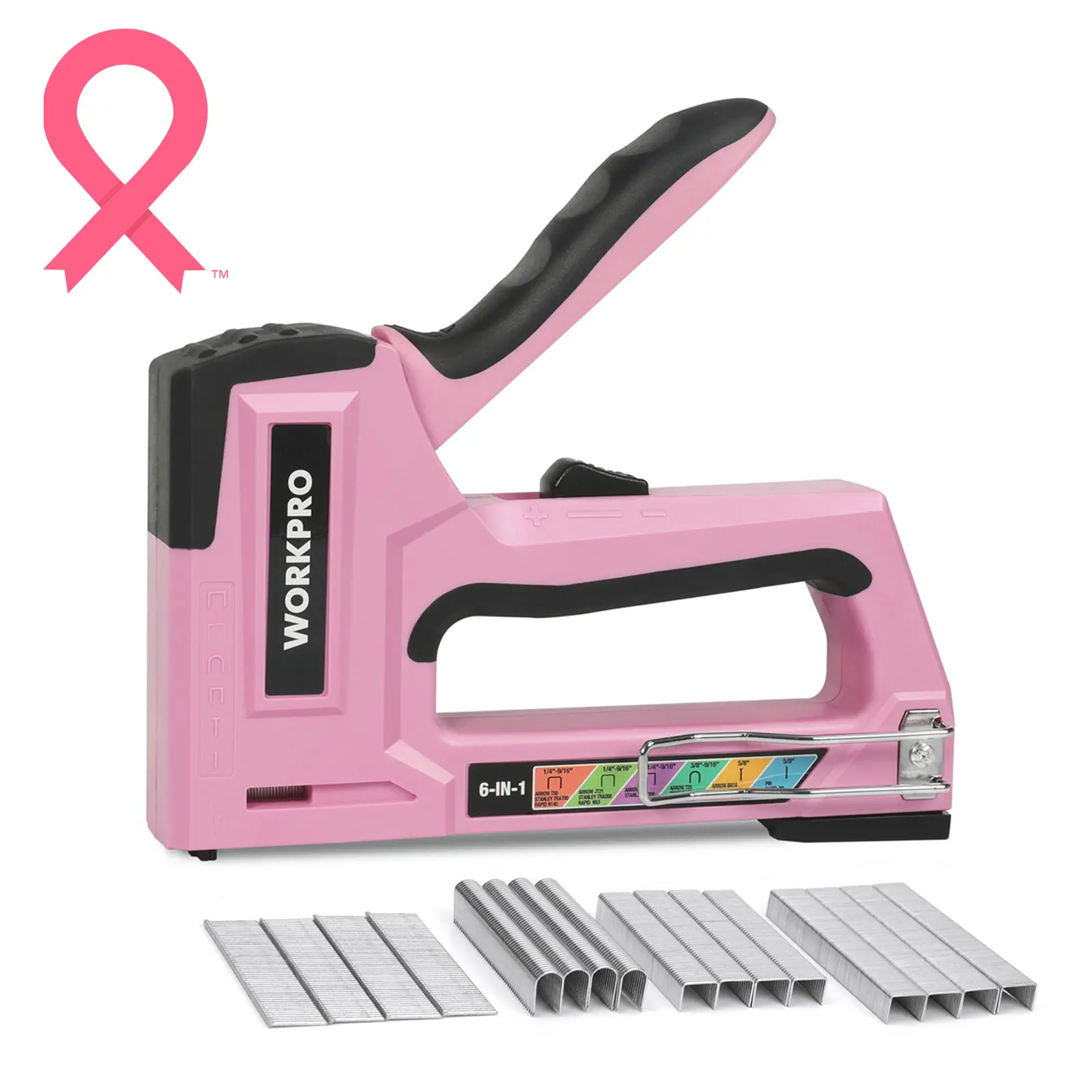 #fathersdaygift WORKPRO Pink Stapler, 6-in-1 Manual Brad Nailer with 4000-Count Staples for Fixing Material, Carpentry, Upholstery, Furniture and DIY - Pink Ribbon