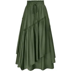 Women Renaissance Layered Long Skirt Elastic High Waist Tiered Skirt with Pockets