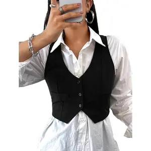 Women's Solid Button Front Crop Waistcoat V Neck Sleeveless Blazers