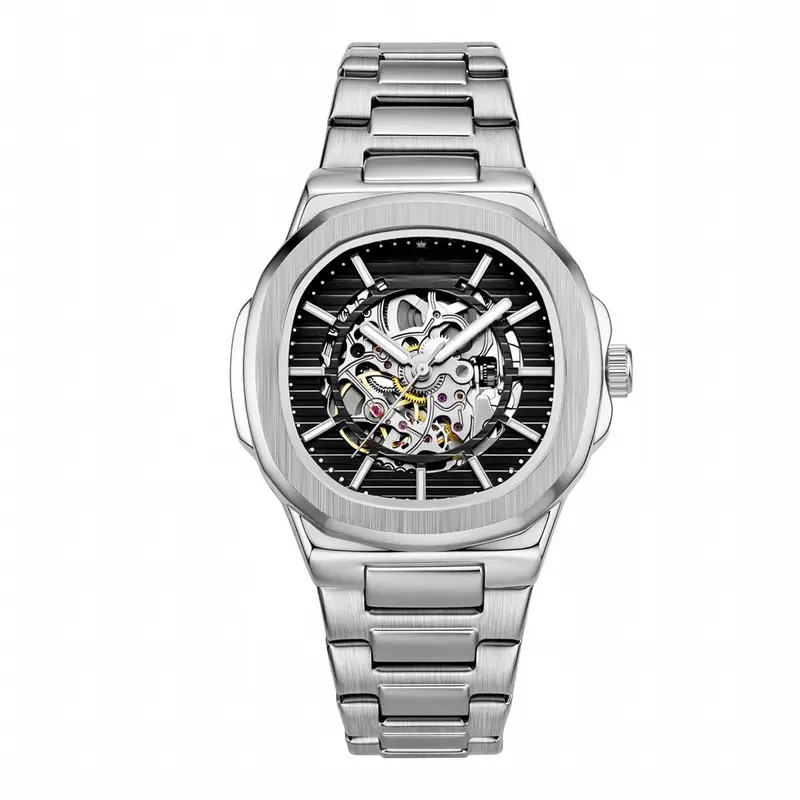Men's Round Face Skeleton Wristwatch - Durable Mechanical Watches, Stainless Steel Band, Automatic Movement, 3ATM Water Resistance, Casual/Business Male Fashion Accessory