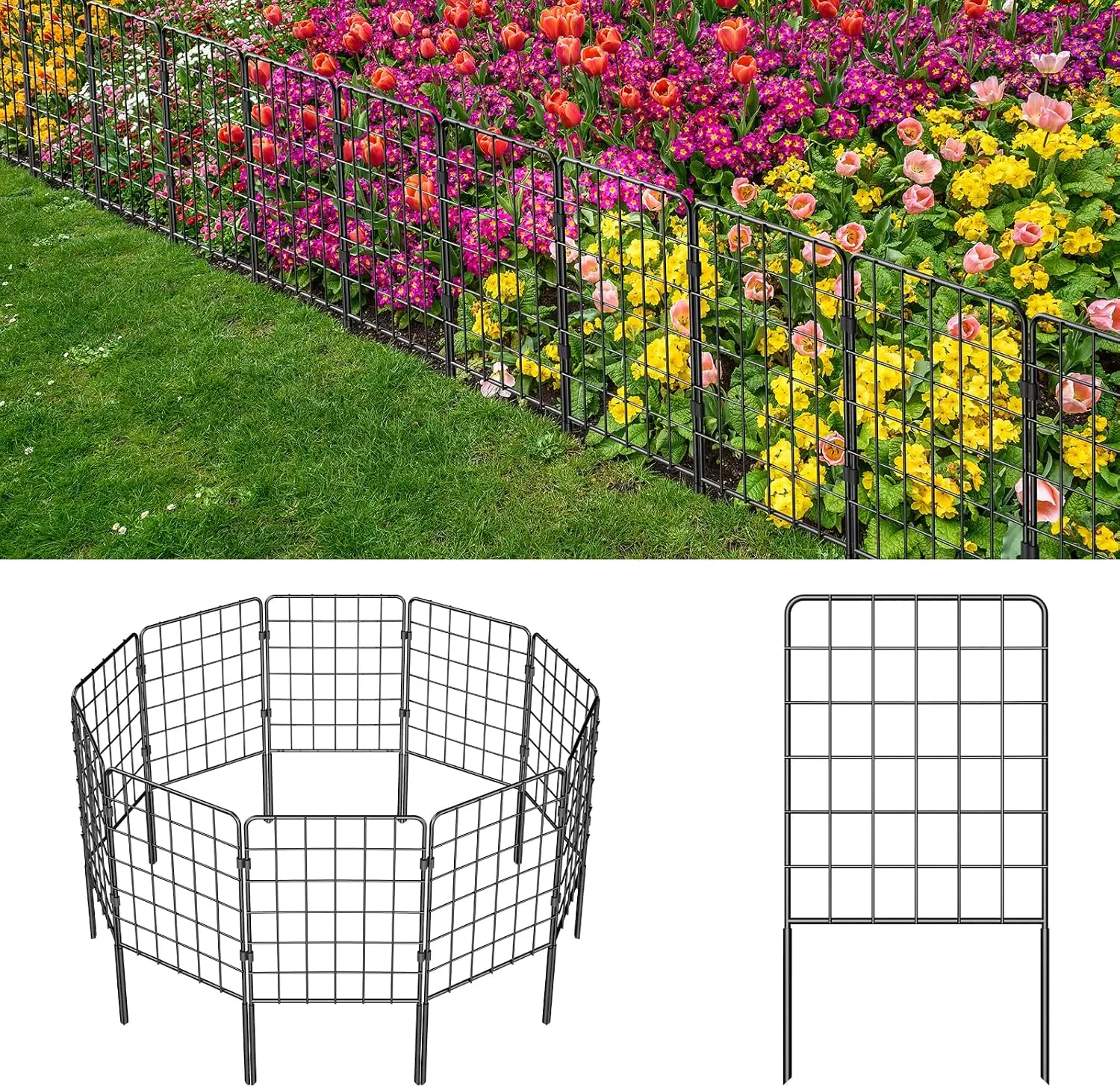 10-Pack Decorative Rustproof Metal Wire Fence, 24in(H) x10ft(L) Animal Barrier for Yard Border, Grid Design Fencing for Dogs (Home Improvement Garden Supplies)