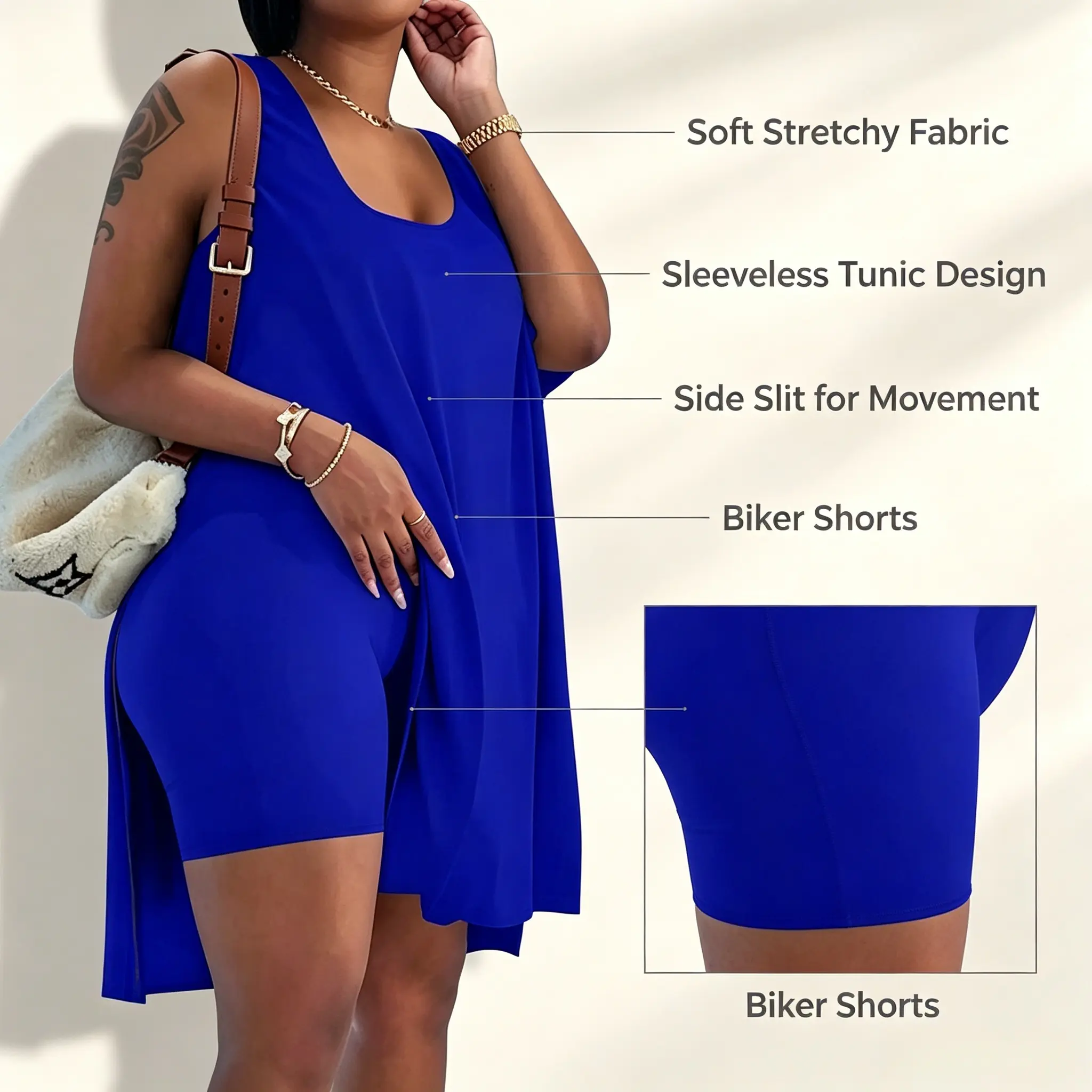 Plus Size Royal Blue 2 Piece Outfit Sleeveless Tank Tunic Top & Biker Shorts Set, Side Split Loose Cover Up Matching Short Set, Casual Loungewear Tracksuit for Summer Vacation Street Daily Wear