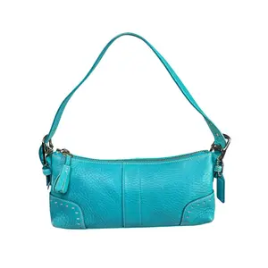 Pre-owned coach Leather Shoulder Bags Hamilton Baguette Turquoise Perforated SHW Shoulder Purse