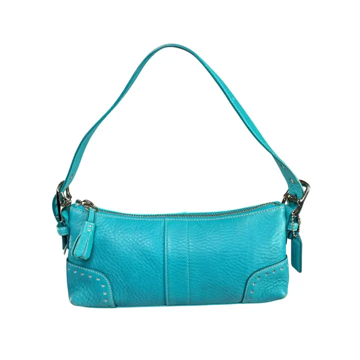 Pre-owned coach Leather Shoulder Bags Hamilton Baguette Turquoise Perforated SHW Shoulder Purse
