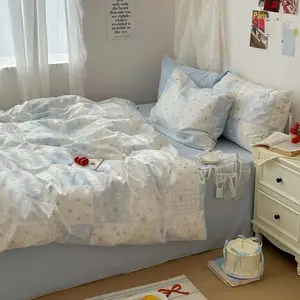 3-piece cute blue bowknot bedding set 1pc duvet cover + 2pc pillowcases（without comforter and pillow insert）, 100% polyester fabric, suitable for Single, Twin, Double, and Queen sizes, suitable for all seasons, and machine washable