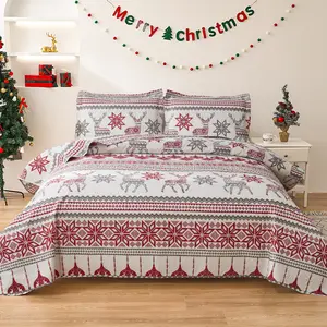 JESSY HOME Christmas Quilt Bedding Set 3 Pieces Snowflake Wreaths Pine Holiday Bedspread with Snowman Elk Reindeer Design Xmas Coverlet for Christmas Decor All Season(1 Quilt, 2 Pillow Shams)