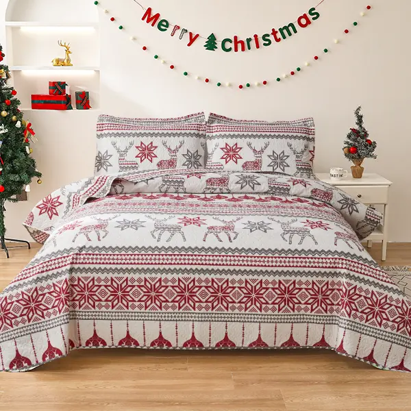 JESSY HOME Twin Christmas Bedding Quilt Set - 3-Piece Breathable Bedspread-Coverlet with Snowflake Wreaths, Pine, Snowman, Elk Prints for Holiday Decor, All Seasons (1 Quilt, 2 Pillow Shams)
