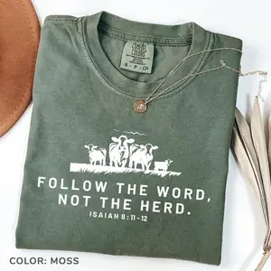 Comfort Colors Follow The Word Not The Herd Western Graphic Tee Christian Vintage Bible Verse Highland Cow Boho Cowboy Cowgirl Rodeo T-Shirt Soft