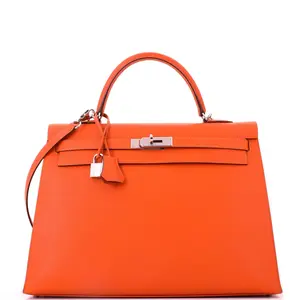 Pre-owned HERMÈS Leather Top Handle Bags Hermes Kelly Handbag Feu Epsom with Palladium Hardware 35 by Rebag