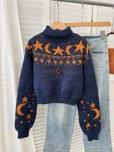 Women's Moon & Star Pattern High Neck Cropped Sweater, Boho Casual Bohemian Long Sleeve Jumper for Daily Holiday Vacation Wear, Ladies Knitwear for All Seasons, Tops, Casual Chic Knitwear