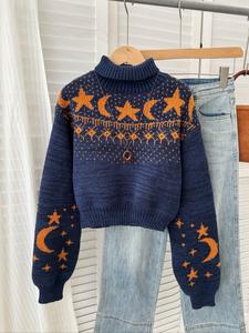 women's moon & star pattern high neck sweater, boho casual long sleeve jumper for daily holiday vacation wear, ladies knitwear for all seasons, tops, knitted cardigan tops