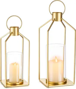 Gold Lanterns Decorative Indoor: Front Porch Decor with 2PCS Candle Lantern for Wedding Table Centerpieces Home Outdoor Fireplace Decor
